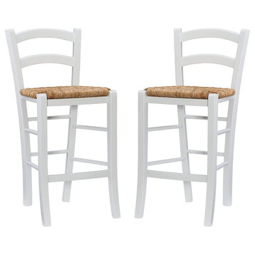 Set of 2 Bar Stool, Beechwood Frame With Woven Seat & Open Back, White, Counter