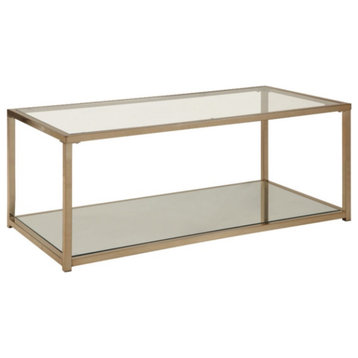 Glass Top Coffee Table With Metal Frame And Open Shelf, Brass