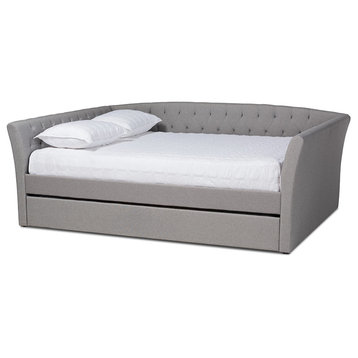 Delora Light Grey Fabric Upholstered Full Size Daybed With Roll-Out Trundle Bed