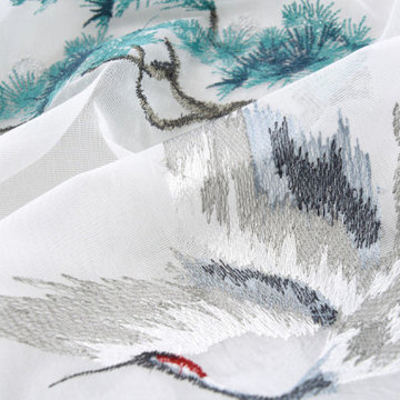 QYHL226A Silver Beach Embroidered Pine Trees And Cranes Faux Silk Custom Made Cu