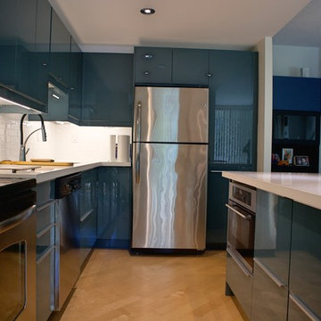 L-shaped 8'x5' IKEA kitchen with 6' peninsula. KALLARP IKEA finish.