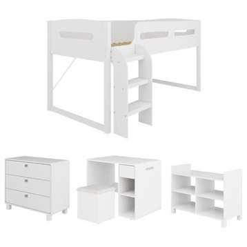 Pemberly Row 5pc Engineered Wood Single/Twin Loft Bed Set with Desk in White