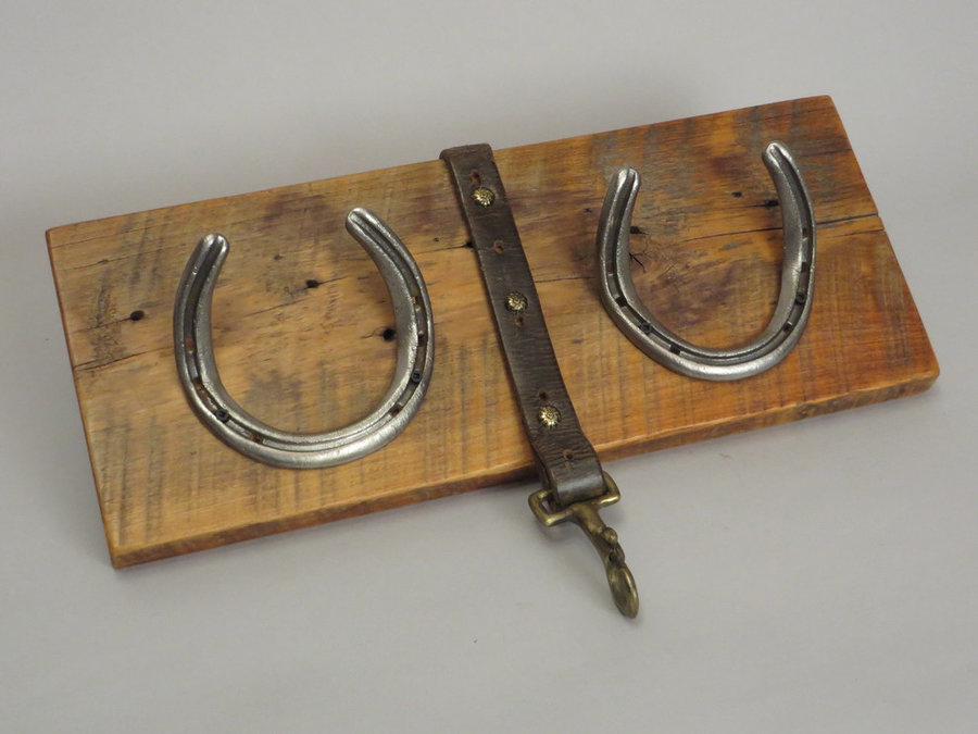 #R15051 Coat Rack Reclaimed Poplar, horseshoes, leather.