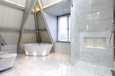 Bathroom - large contemporary master white tile and marble tile marble floor and white floor bathroom idea in Vancouver with a bidet and white walls