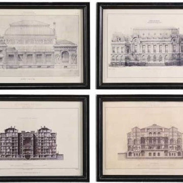 Vintage Reproduction Architectural Drawings, Set of 4