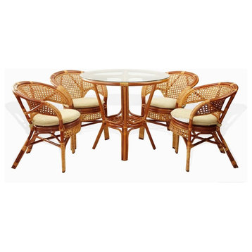 5-Piece Pelangi Dining Rattan Wicker Armchairs/Round Table Glass Top, Colonial
