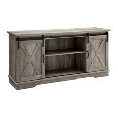 58" Farmhouse Sliding Barn Door TV Stand Media Console, Gray Wash