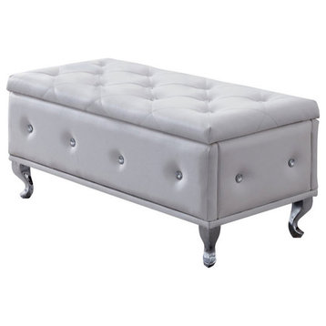 Chante Upholstered Crystal Tufted Flip Top Storage Bench Ottoman, White