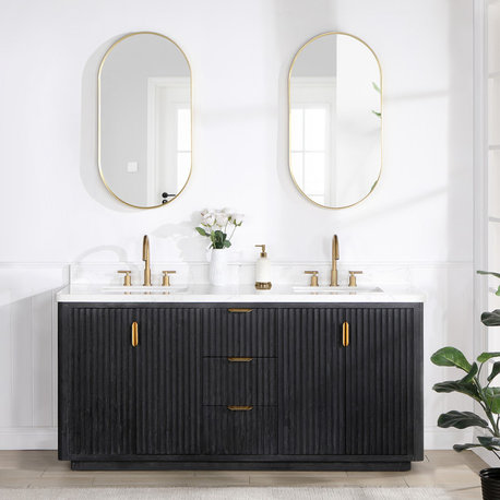 Cadiz Bath Vanity, Composite Stone Top, Fir Wood Black, 72", No Mirror