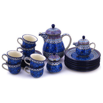 Polish Pottery 6-Cup Stoneware Tea or Coffee Set for 6 Hand-Decorated Design
