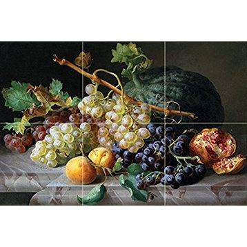 Tile Mural Still Life With Pomegranate Grapes and Melon, Ceramic Glossy