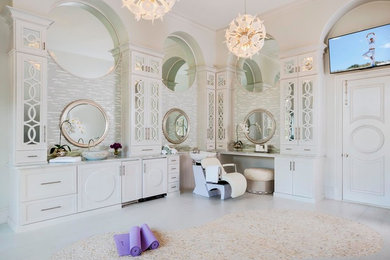 Bathroom - traditional master bathroom idea in Dallas with white cabinets, white walls and a vessel sink