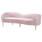 Meridian Furniture - Ritz Velvet Upholstered Sofa, Pink - Get comfy while remaining chic in this elegant Ritz pink velvet sofa. Plush pink-colored upholstery provides a soft texture that is pleasing to the senses, while its curved design offers a contemporary touch to your home furnishing. Gold metal legs complement the sofa's sophisticated pink color, creating a gallant piece anyone would be proud to display in their home.