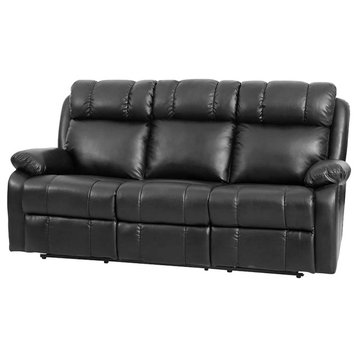 Modern Reclining Sofa, Manual Design With Extra Padded PU Leather Seat, Black