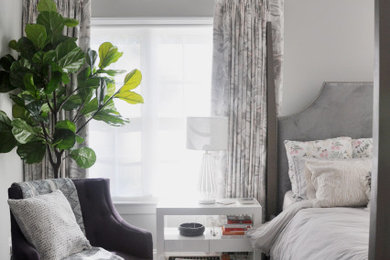 Example of a large transitional master carpeted and gray floor bedroom design in DC Metro with gray walls, a standard fireplace and a tile fireplace