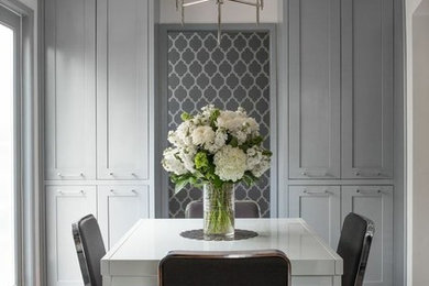 Mid-sized transitional dark wood floor and brown floor enclosed dining room photo in Los Angeles with white walls and no fireplace