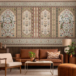 Madhuban Indian Floral Jharoka Wallpaper in Suneherii Collection in Green - Wallpaper