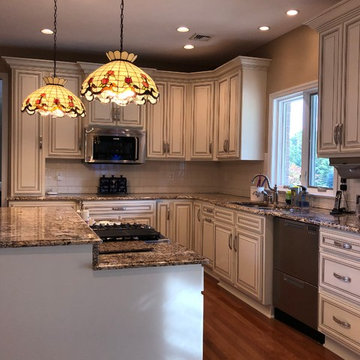 antique white cabinet refacing w brown glazing