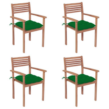vidaXL 4x Solid Teak Wood Patio Chair with Green Cushions Garden Lounge Seat