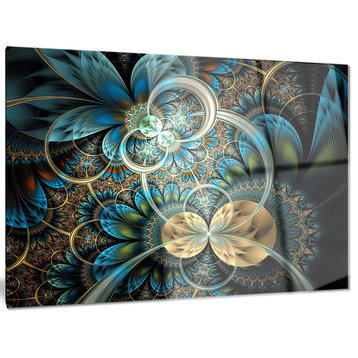 "Symmetrical Blue Gold Fractal Flower" Digital Metal Wall Art, 28"x12"