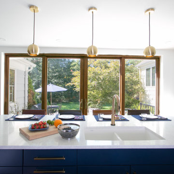 Blue & White Kitchen with Big Connection to Backyard