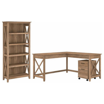 Key West L Desk with Drawers and Bookcase in Reclaimed Pine - Engineered Wood
