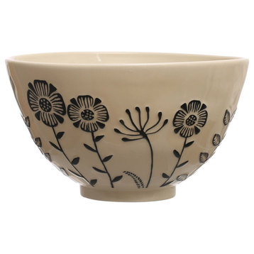 12.5" Hand-Painted Stoneware Serving Bowl, Embossed Flowers, Cream, Black