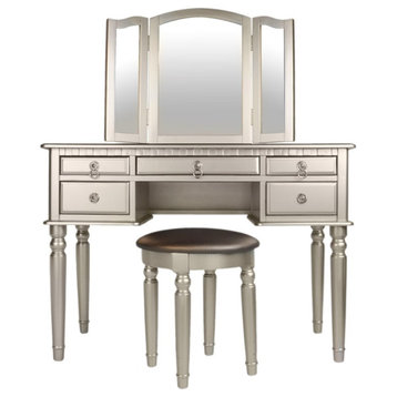 Poundex Furniture Wood Vanity Set with Mirror and Stool Silver Color