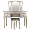 Poundex Furniture Wood Vanity Set with Mirror and Stool Silver Color