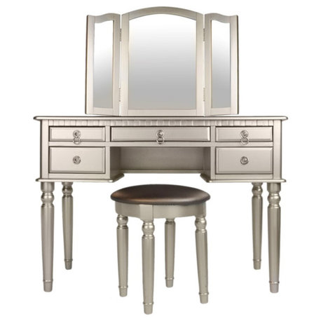 Poundex Furniture Wood Vanity Set with Mirror and Stool Silver Color