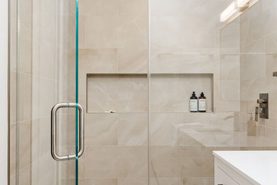 Mid-sized transitional master beige tile single-sink bathroom photo in San Francisco with white cabinets, marble countertops, white countertops and a freestanding vanity