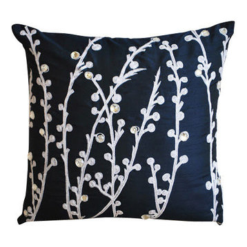Willow Design 40x40 Art Silk Navy Blue Throw Cushions Cover, Navy Blue Willow
