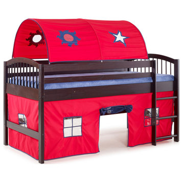 Addison Wood Junior Loft Bed; Red and Blue Playhouse Tent, Espresso