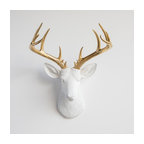 Faux Deer Head Wall Mount - 14 Point Stag Head Antlers, White and Gold