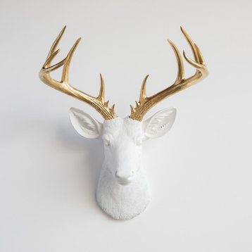 Faux Deer Head Wall Mount - 14 Point Stag Head Antlers, White and Gold