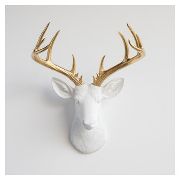 Faux Deer Head Wall Mount - 14 Point Stag Head Antlers, White and Gold