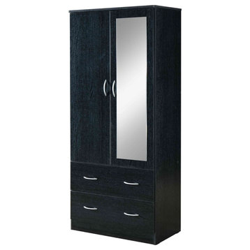 Hodedah 2 Door Armoire with 2 Drawers and Clothing Rod plus Mirror in Black Wood