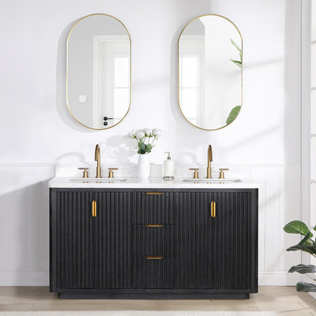 Cadiz Bath Vanity, Composite Stone Top, Fir Wood Black, 60" Double Sink, No Mirror