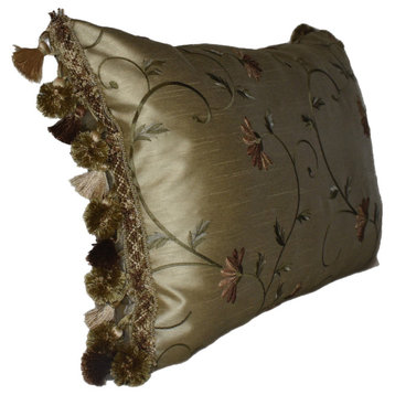 Embroidered Faux Silk Gold Decorative Throw Pillow, 12x17