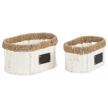 Natural Trim White Woven Oval Baskets, 2-Piece Set Paper Rope, Seagrass