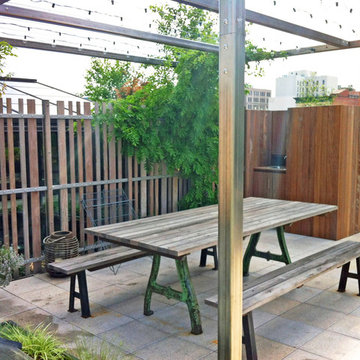 NYC Roof Garden: Paver Deck, Terrace, Sedum Trays, Bamboo Fence, Container Plant