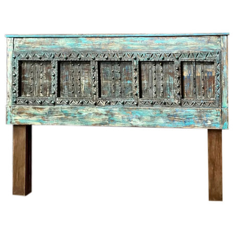 Consigned Antique Blue Door Headboard, Vintage Door King Headboard 90"x54"
