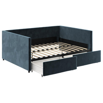 Contemporary Daybed With Storage Drawers, Upholstered Design, Blue, Full