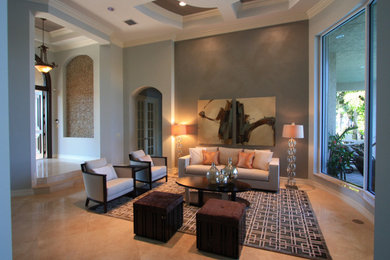 Transitional formal travertine floor and beige floor living room photo in Miami with gray walls