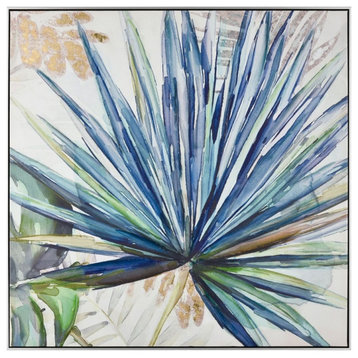 Framed Blue Palm Fan Plant Acrylic Painting on Canvas for Eclectic Boho Living