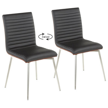 Mason Swivel Chair, Set of 2, Stainless Steel, Walnut Wood, Black Pu
