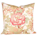 Studio Design Interiors - Pastel Garden 90/10 Duck Insert Pillow With Cover, 22x22 - Elegant and soft in every way this handsome pillow depicts beautiful birds frolicking amongst the pale sage green vines and blush rose flowers of a garden in full bloom. With a field of cream, and finished with a perfectly coordinated blush rose back in linen. Lovely.