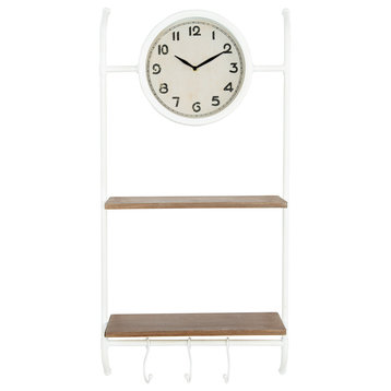 Wall Clock With 2 Shelves and 3 Hooks, White