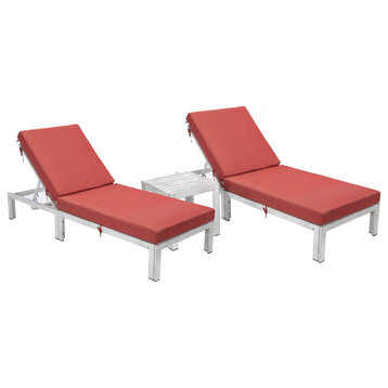 LeisureMod Chelsea Weathered Gray Chaise Lounge and Side Table Set of 2, Red