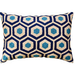 Kashmir Designs - Lumbar Seamless Navy Turquoise Accent Pillow Cover Handembroidered Wool, 14x20" - Kashmir is proud to bring together the modern abstract vector design pillow cover collection, hand embroidered by the finest artisans of Kashmir, into the living spaces of patrons and connoisseur all around the world. These unique, seamless and modern pillow covers would bring together the artistic elements of any room, creating a harmonious design and perfect air of sophistication.